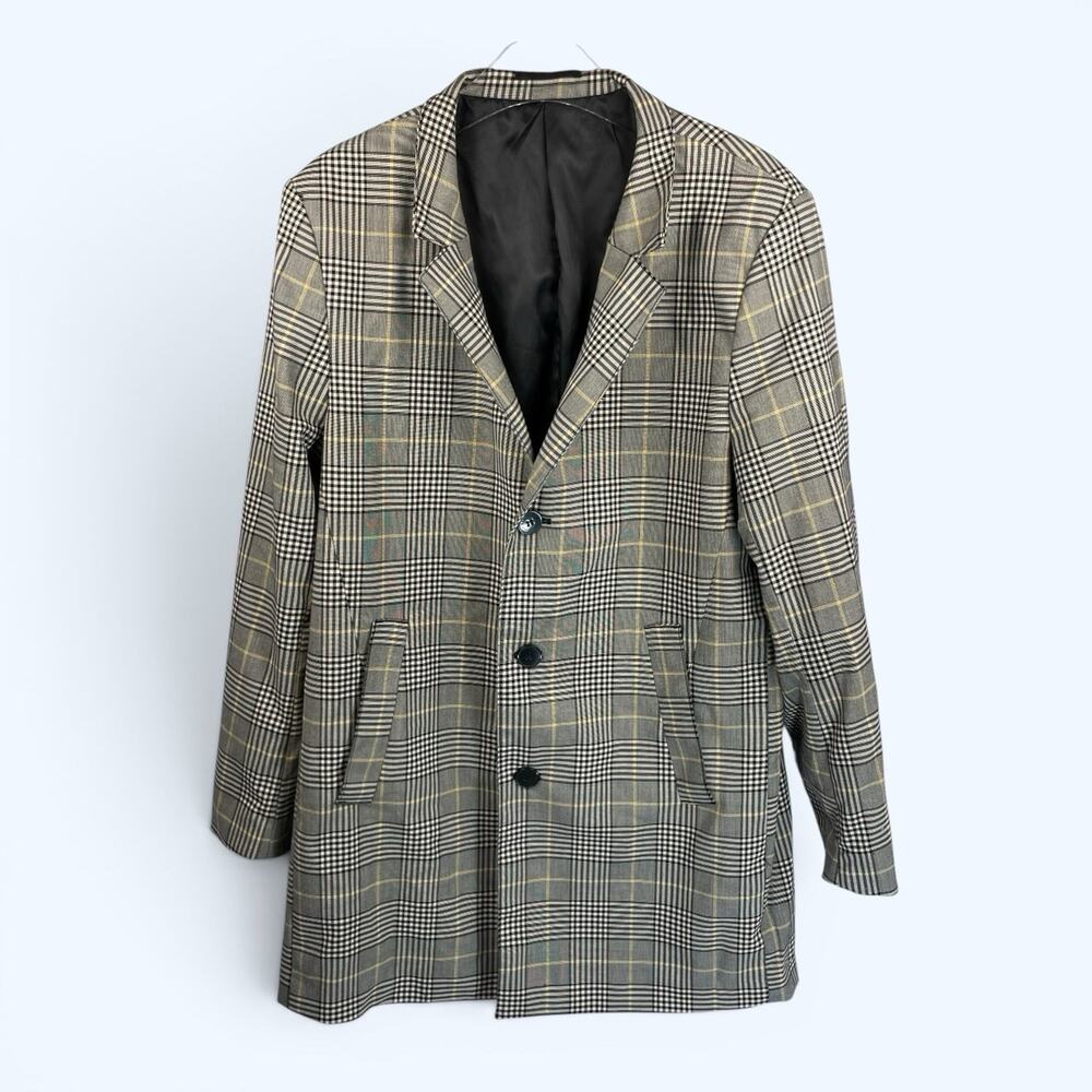 H&M Men's Topcoat Overcoat Gray Black Yellow Plaid Size 46R